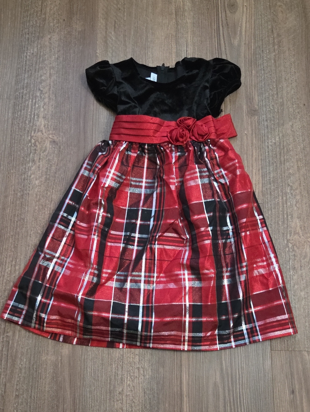Girls Red Plaid Velvet Holiday Dress with Black Bodice